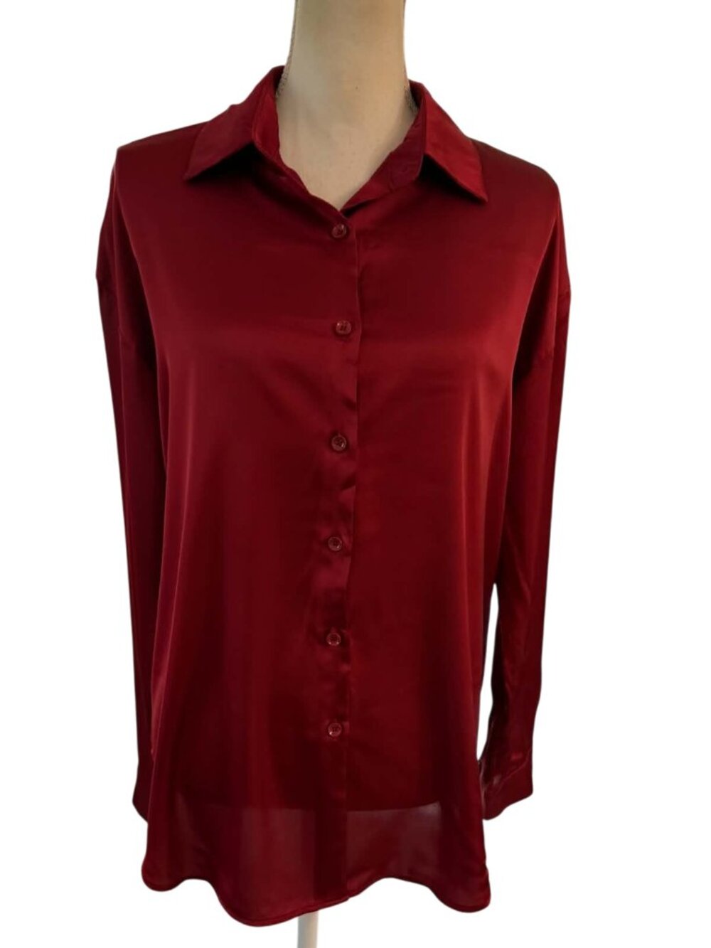 Classic long-sleeve burgundy satin button-down shirt with a smooth glossy finish